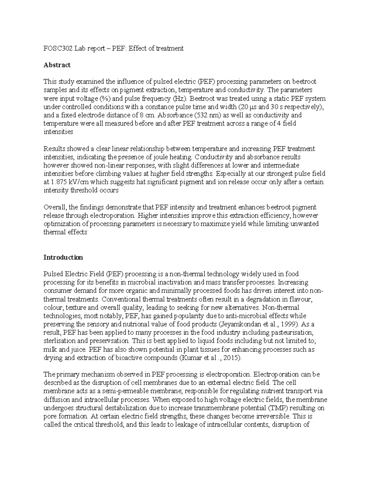 FOSC302 Lab Report: Impact of PEF on Beetroot Pigment Extraction - Studocu