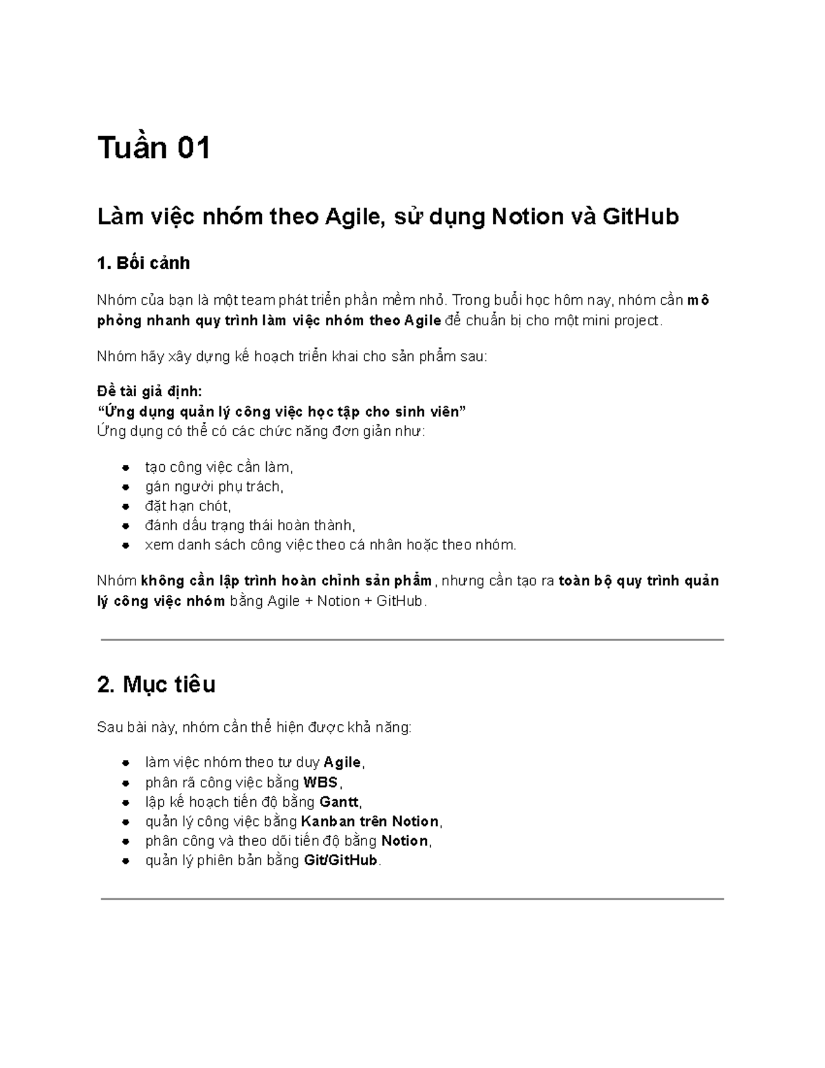 Tuần 01: Làm việc nhóm Agile với Notion & GitHub cho Mini Project - Studocu