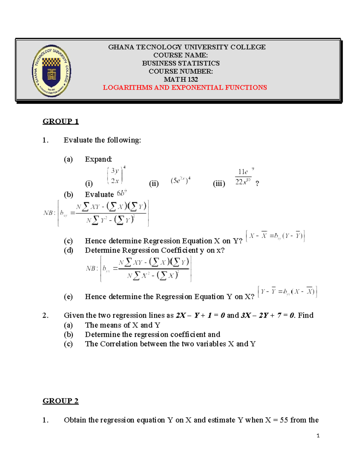 MATH 132: Group Questions on Logarithms & Exponential Functions - Studocu