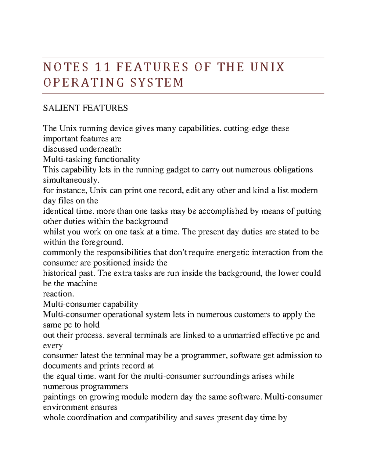 Notes 11 Features OF THE UNIX Operating System - N O T E S 1 1 F E A T ...