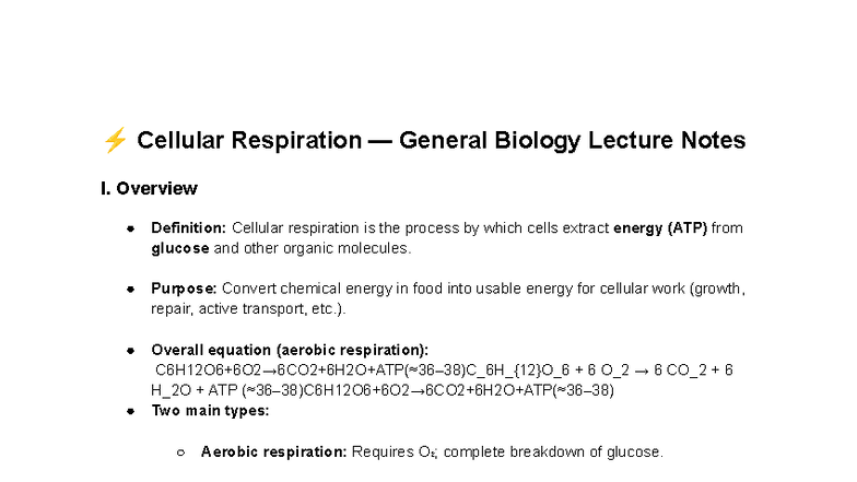BIO 101: Cellular Respiration Lecture Notes Overview and Key Concepts ...