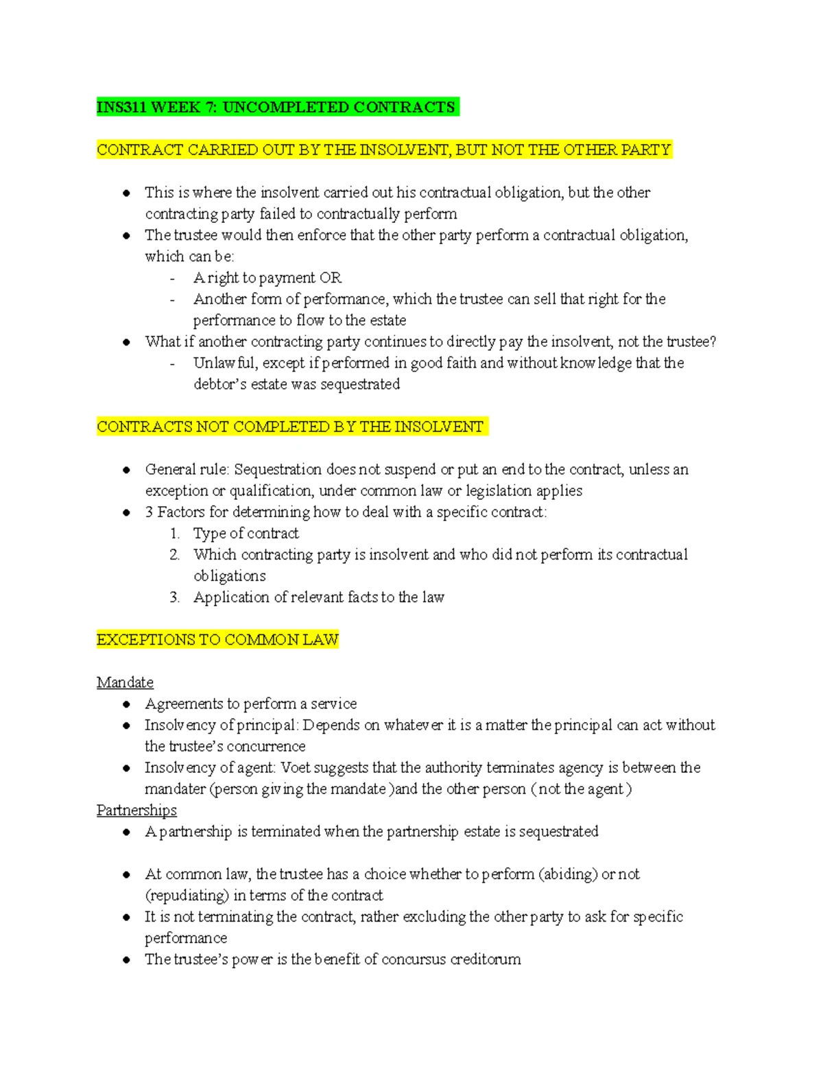 INS311 Week 7: Uncompleted contracts and the impact of insolvency - Studocu