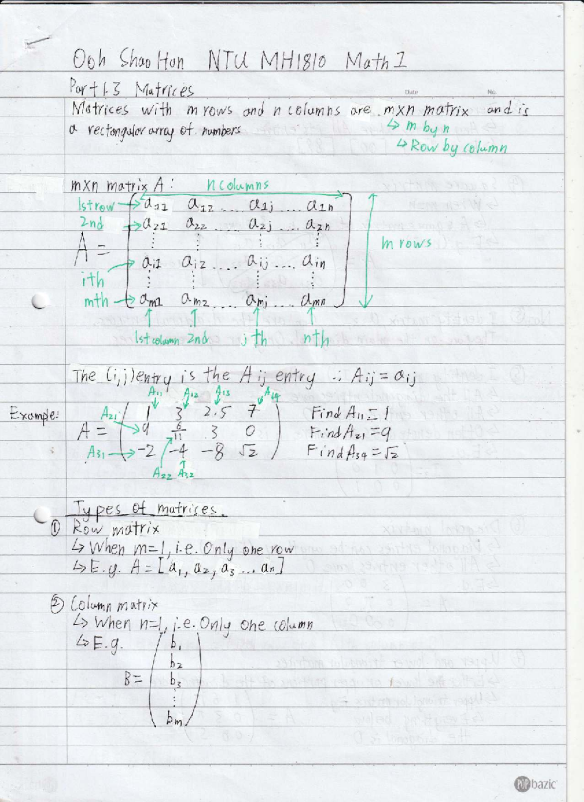 MH1810 1.3 Matrices Summary Notes - Studocu