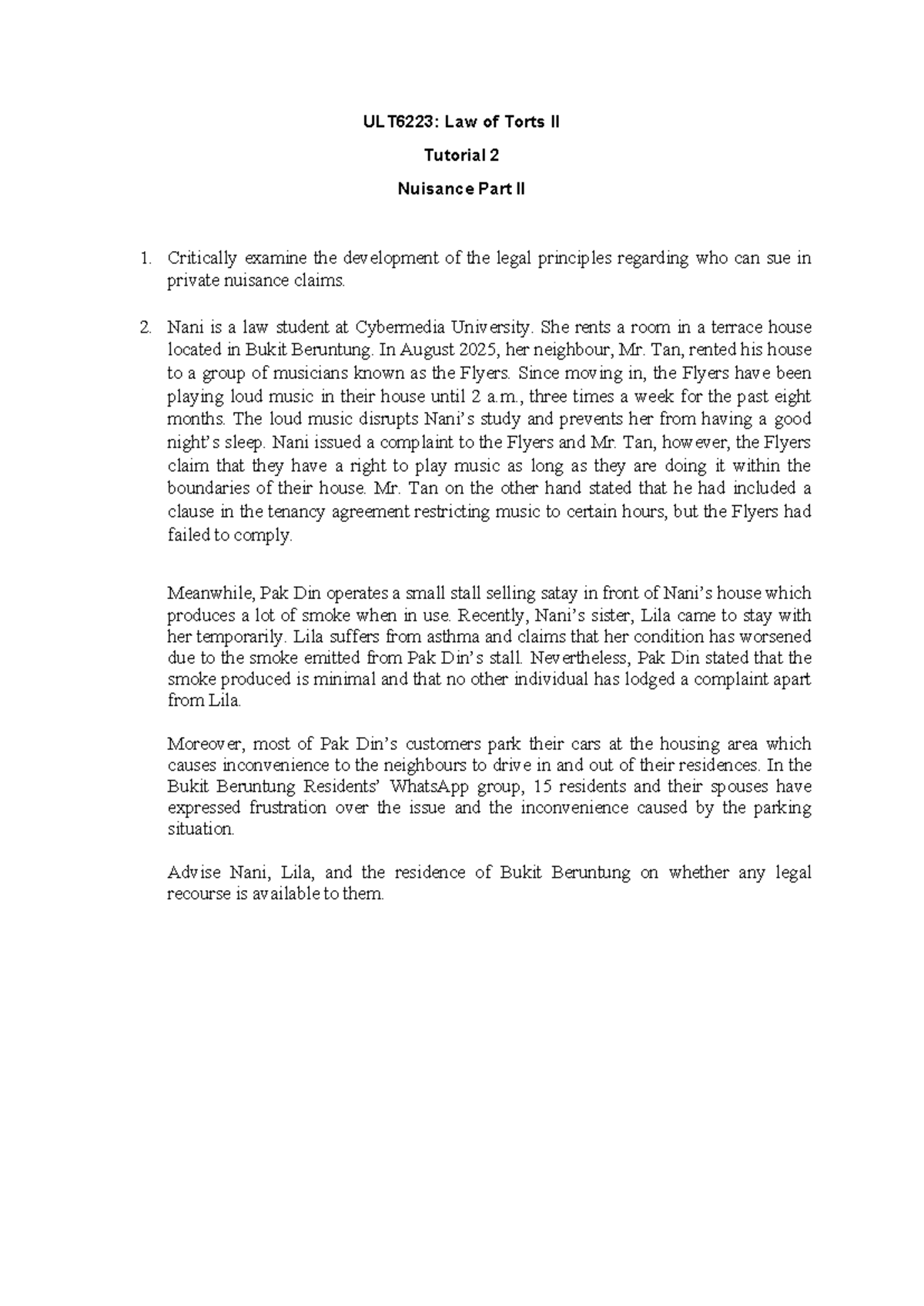 ULT6223: Law of Torts II Tutorial 2 - Private Nuisance Analysis - Studocu