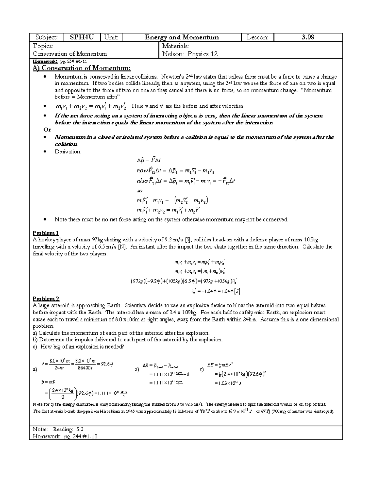 SPH4U Lesson 3.08: Conservation of Momentum Homework Notes - Studocu