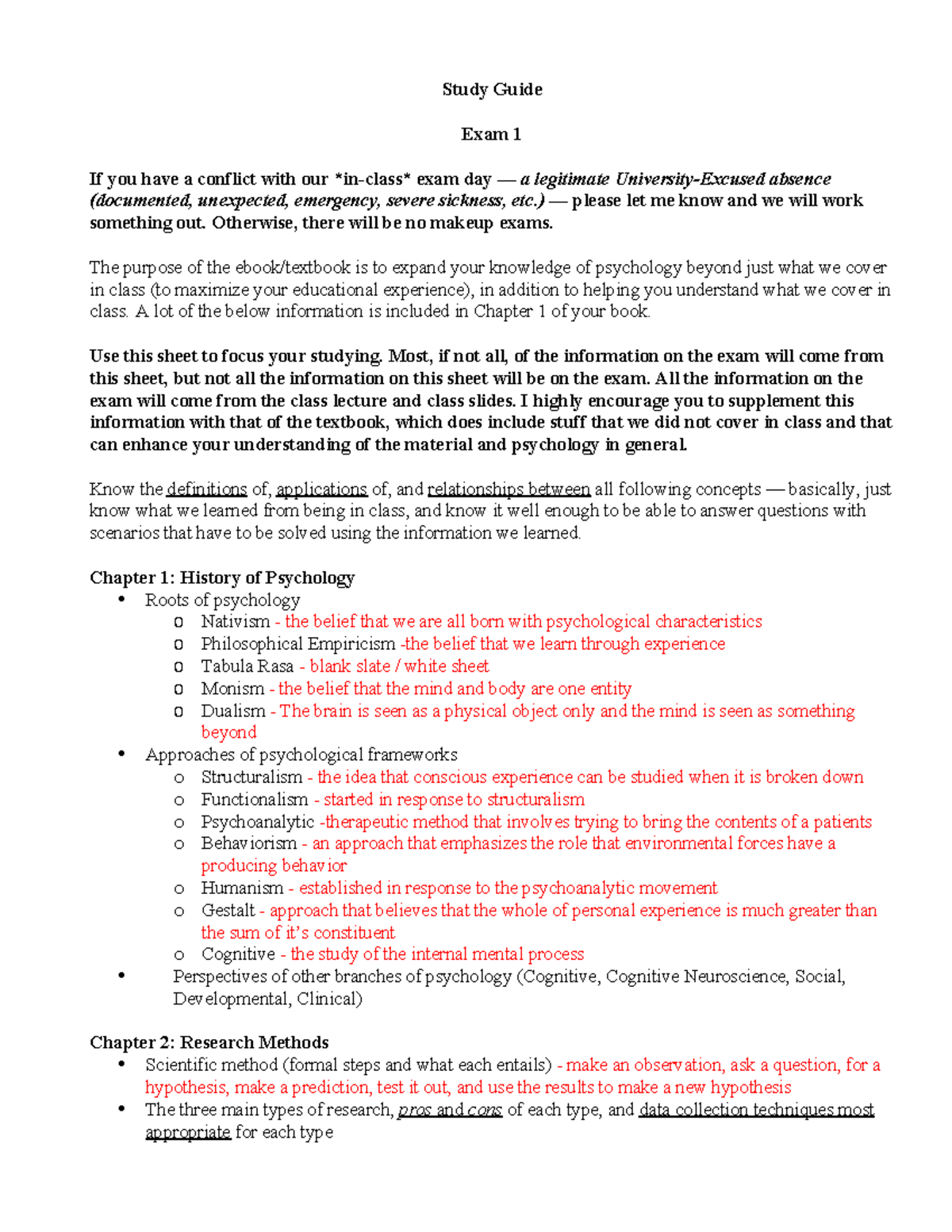 Psychology Study Guide for Exam 1: Key Concepts & Research Methods ...