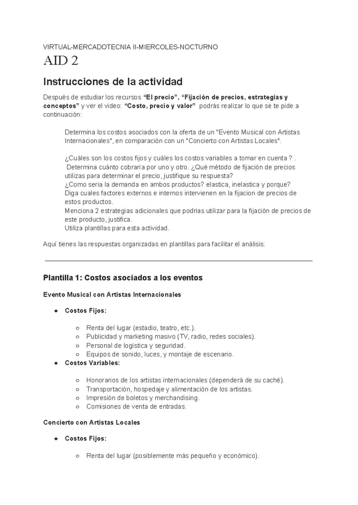 Mercadotecnia II: Análisis de Costos y Precio - AID 2 - Studocu