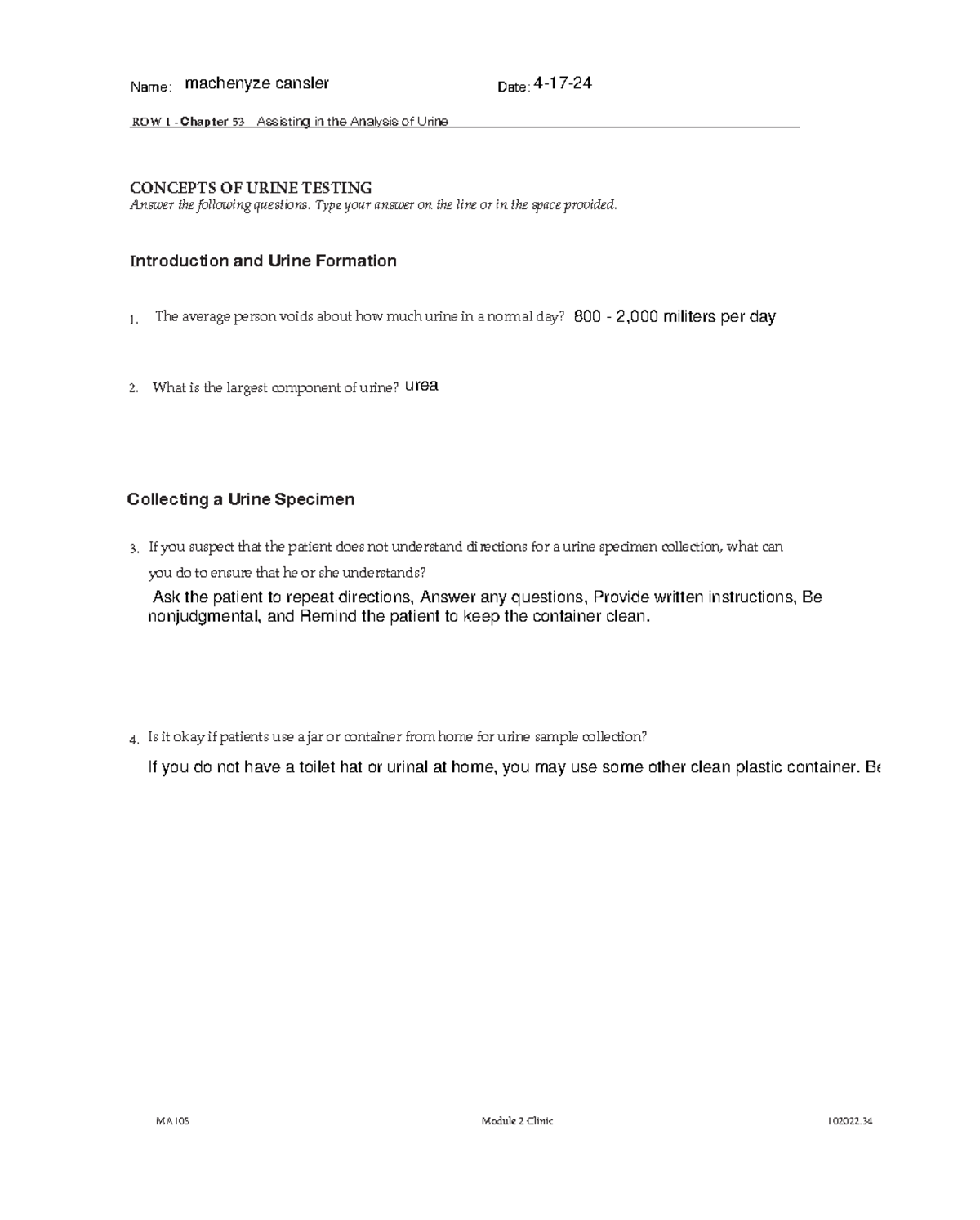 MA105 ROW 1 Chapter 53: Analyzing Urine Tests and Collection Methods ...