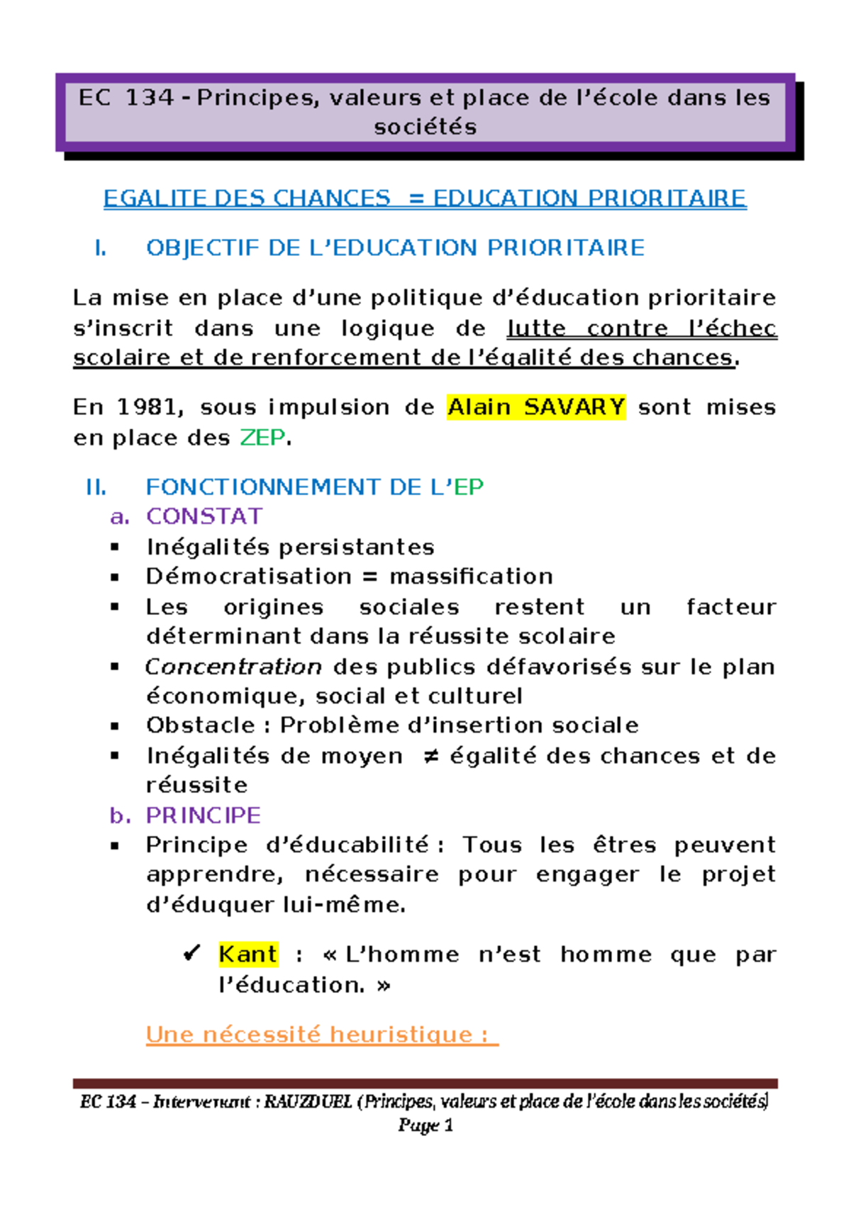 EC 134 - Révisions sur les Principes et Valeurs de l'Éducation - Studocu
