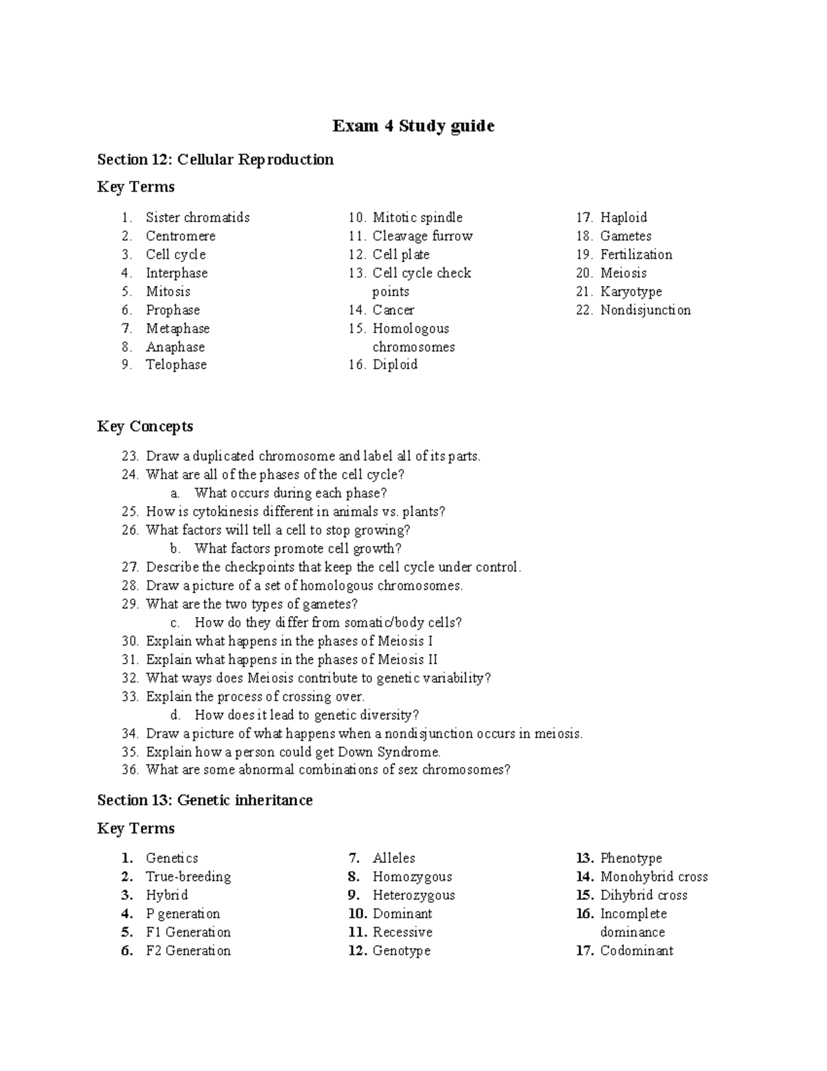 Biology Exam 4 Study Guide: Cellular Reproduction and Genetics - Exam 4 ...