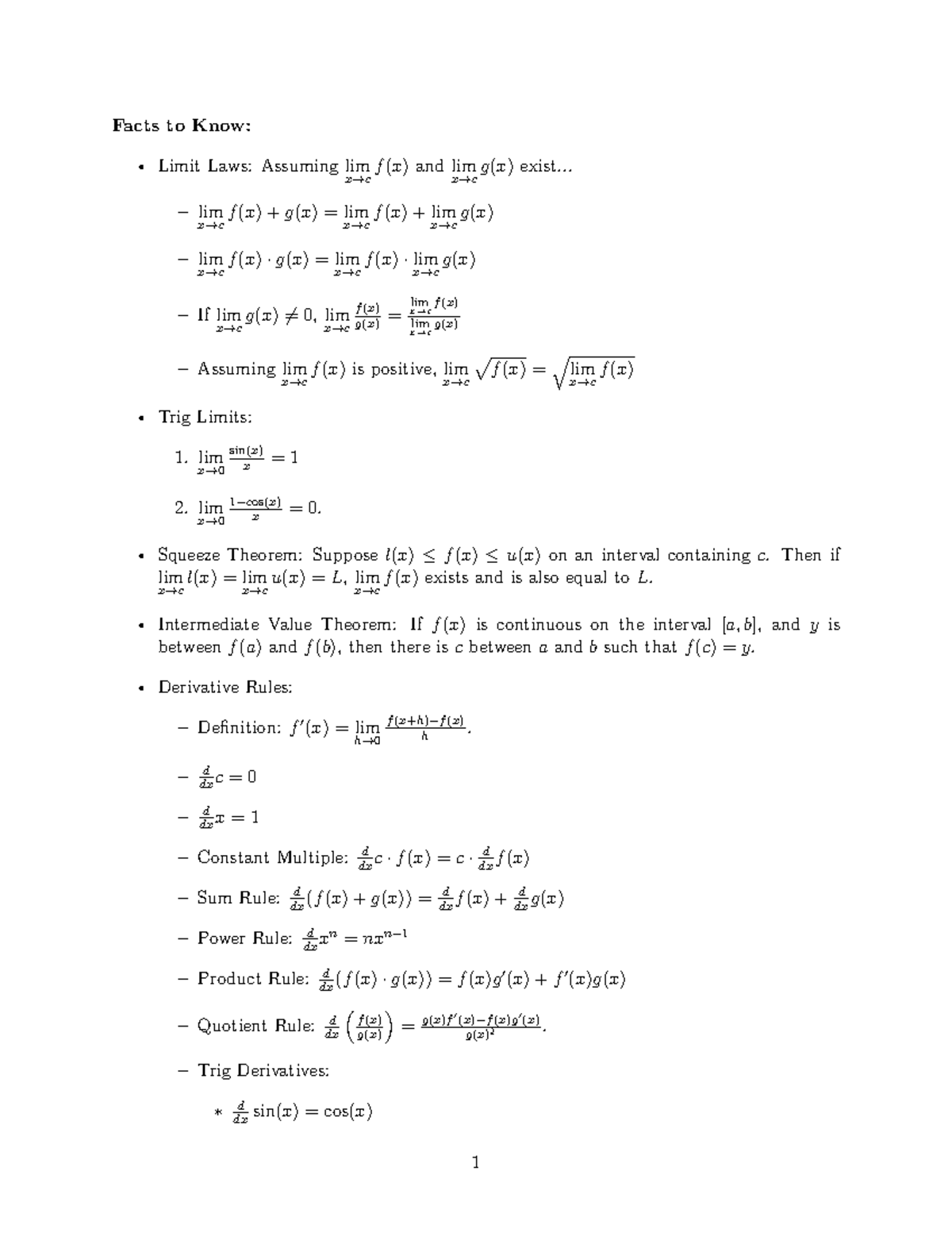 Midterm 1 Study Problems: Limit Laws and Derivative Rules - Studocu