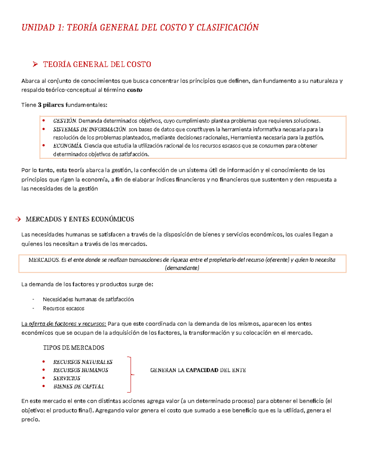 Resumen de Costos - Unidad 1: Teoría General del Costo y Clasificación ...