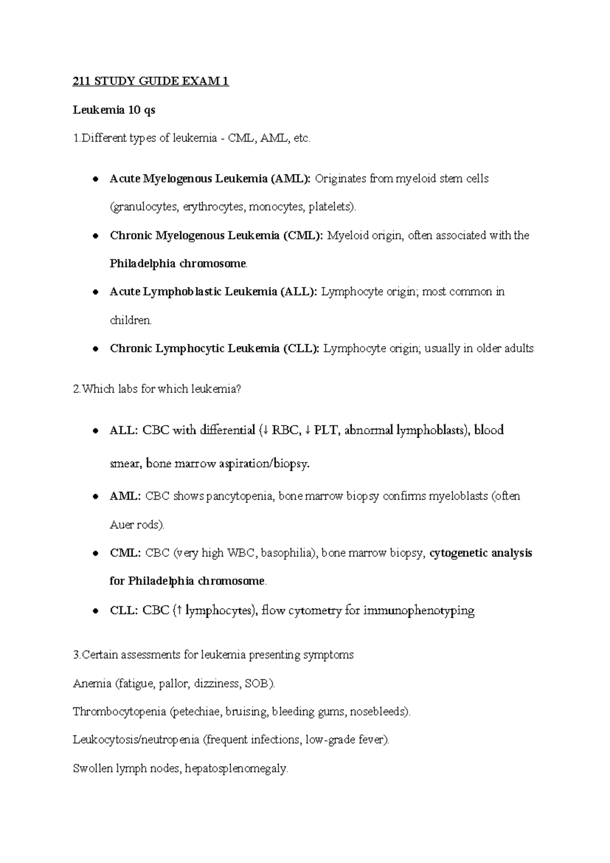 211 Study Guide: Exam 1 on Leukemia and Sickle Cell Disease - Studocu