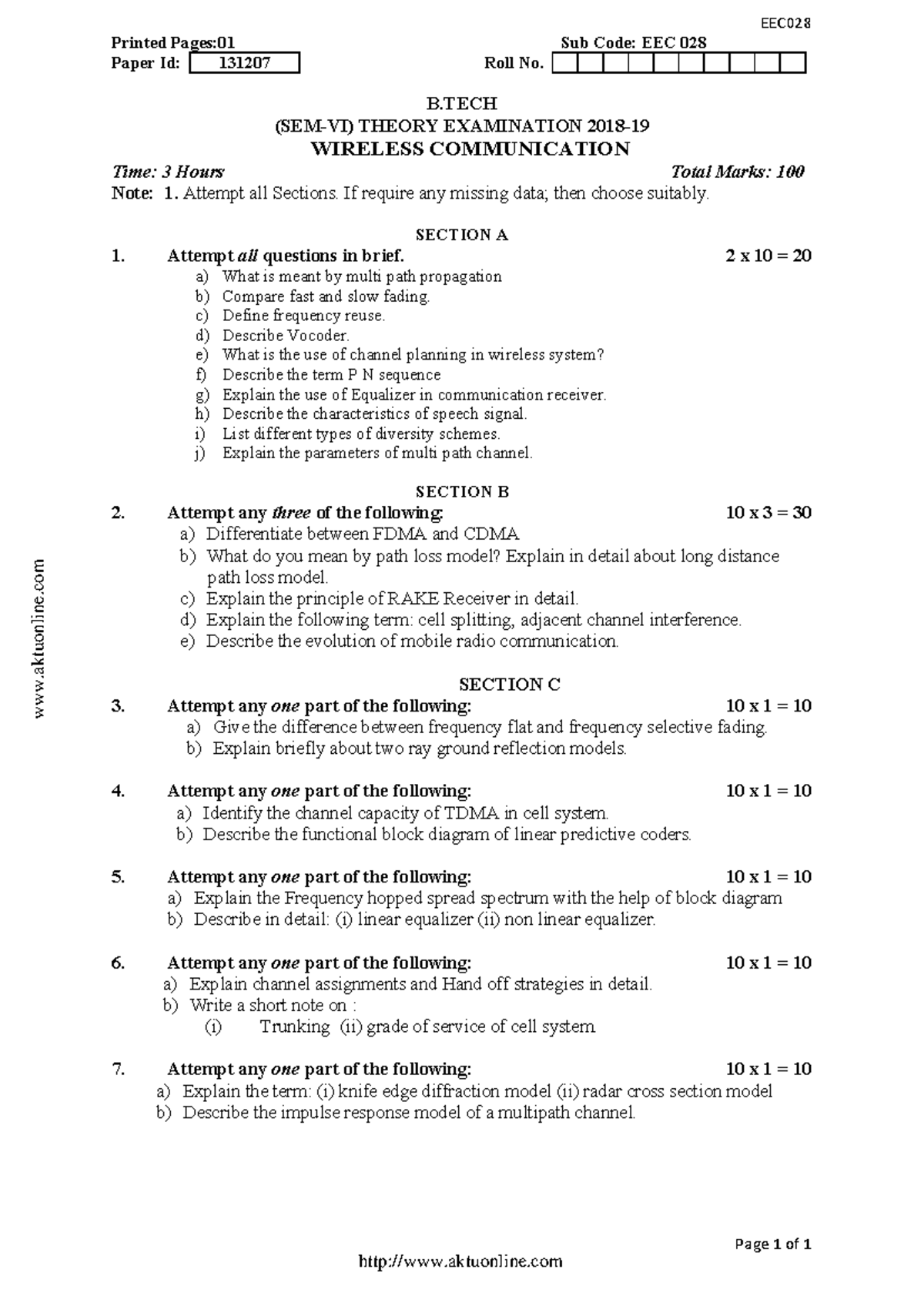 Wireless Communication Theory Exam Notes (EEC 028) - BTech Sem 6 - Studocu