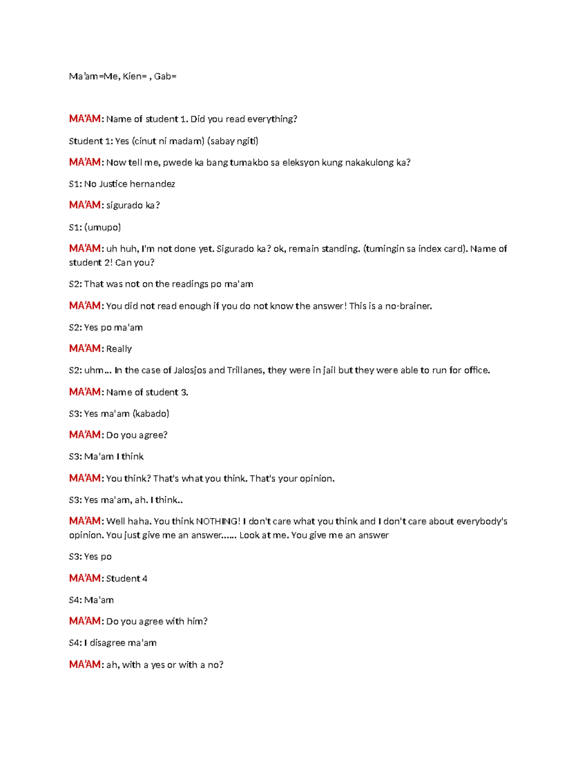 Script - literature class discussion and grade evaluation - Studocu