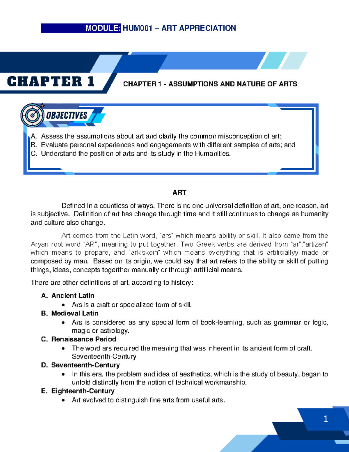 Chapter 1 - Assumptions AND Nature OF ARTS - CHAPTER 1 - ASSUMPTIONS ...