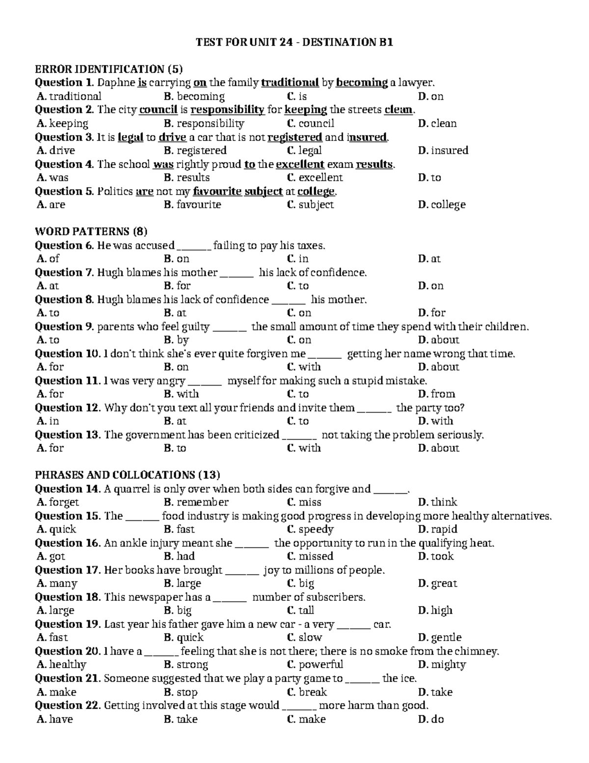 TEST FOR UNIT 24 DESTINATION B1 ERROR IDENTIFICATION (NO KEY) - Studocu