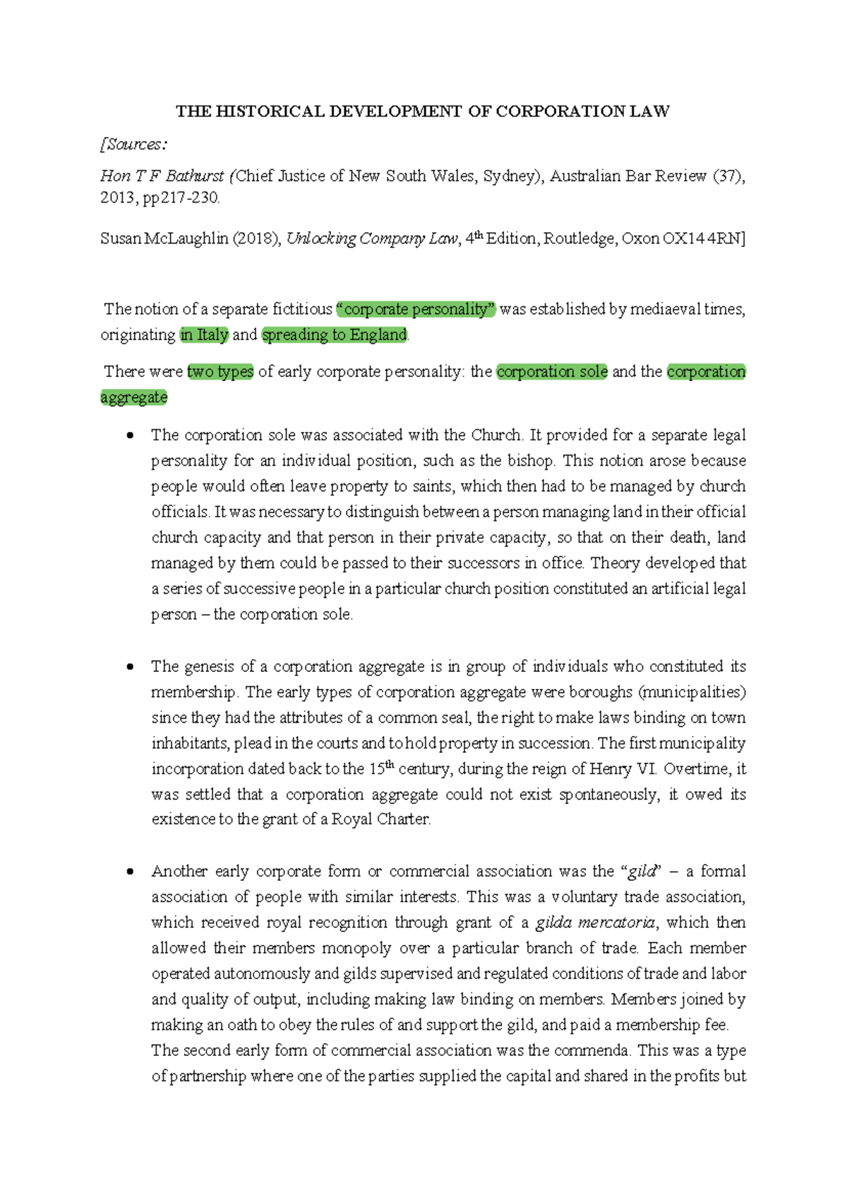 Historical Development of Corporation Law - Chap 1 Handouts - Studocu