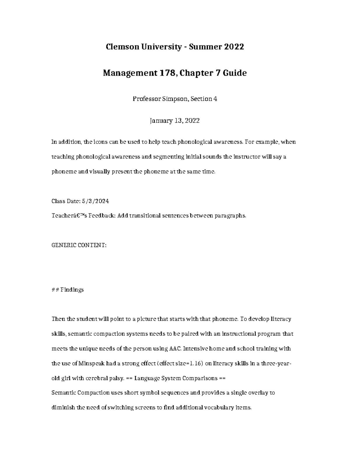 Management 178 Chapter 7 Guide - Clemson University - Summer 2022 ...