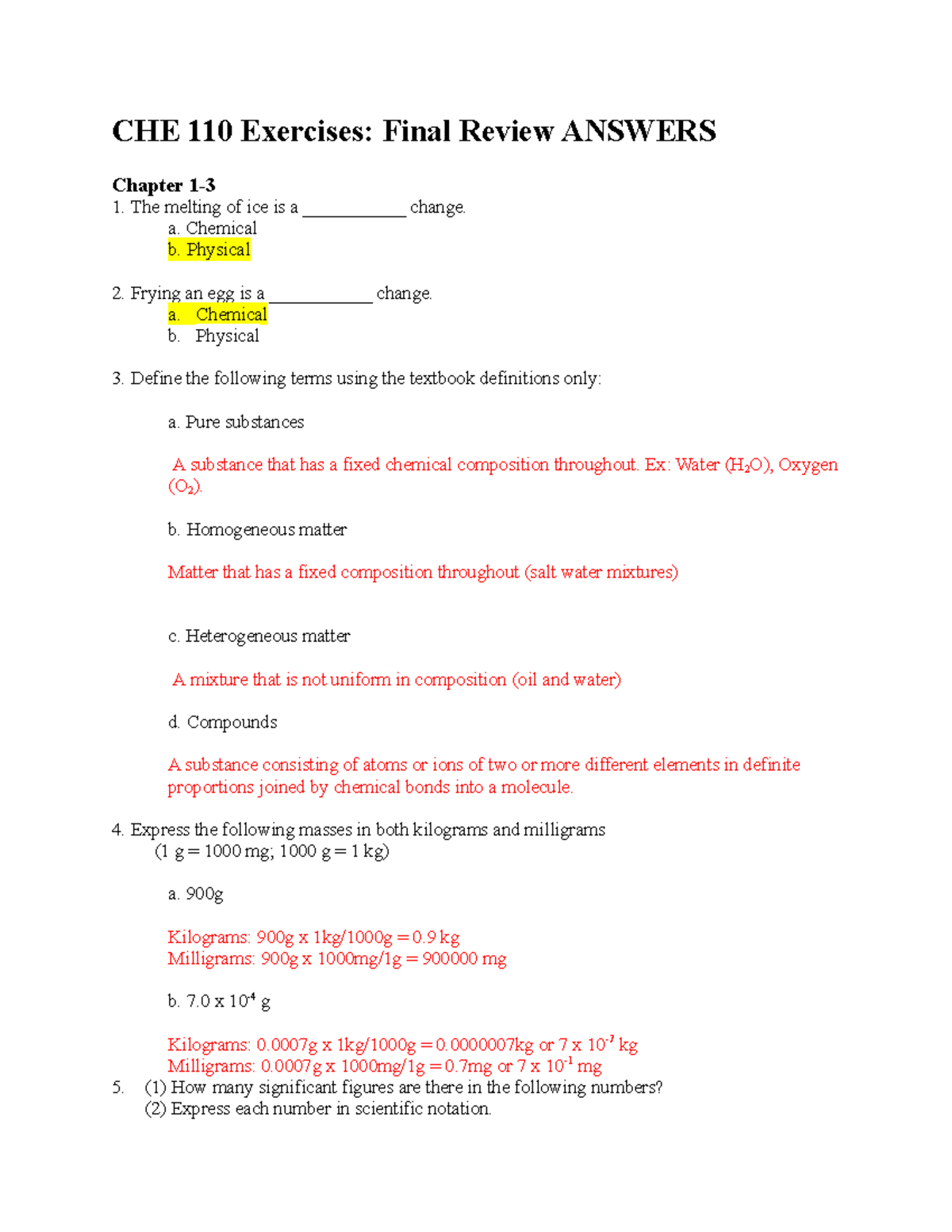 CHE110 Final Exam Review Questions & Answers - Studocu