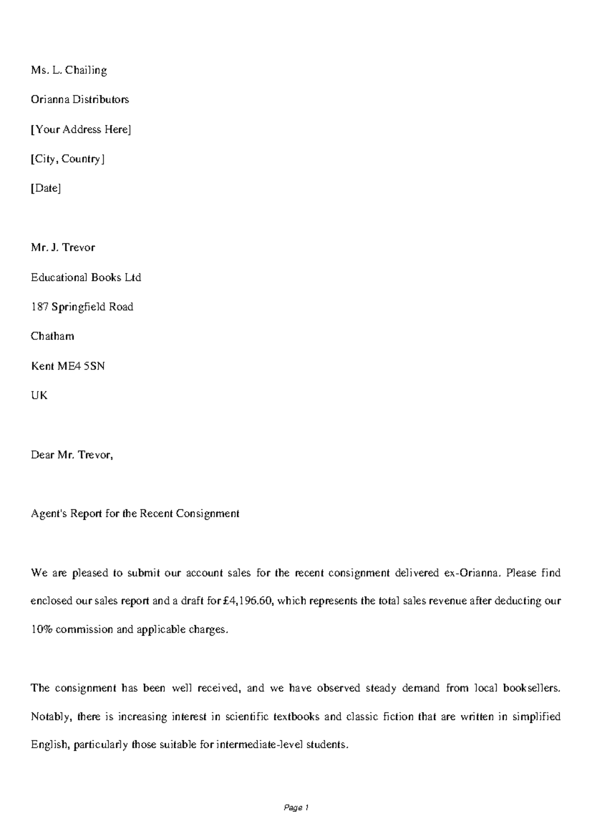 Agent Report Letter: Sales Update for Recent Consignment - Studocu