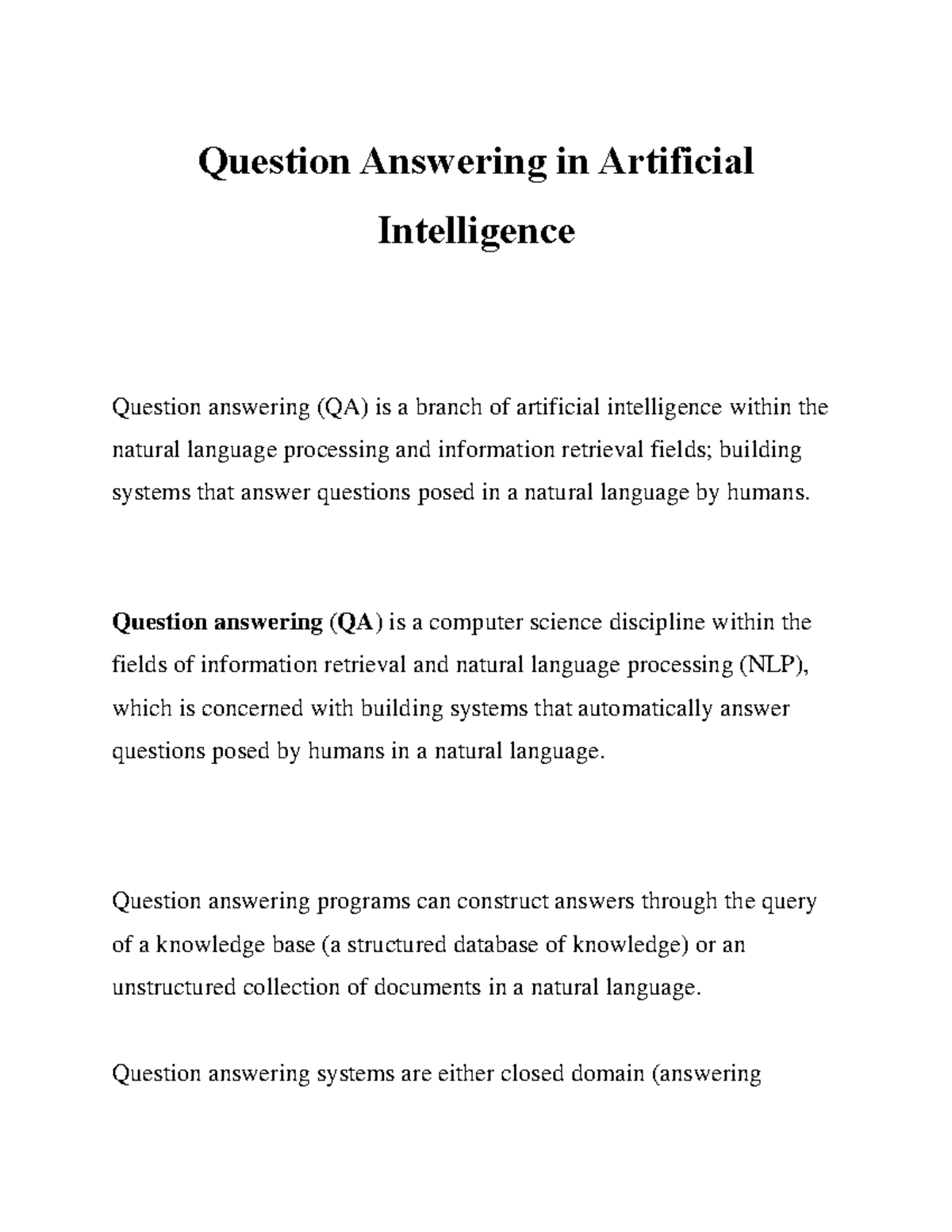 Question Answering in AI - Question Answering in Artificial ...