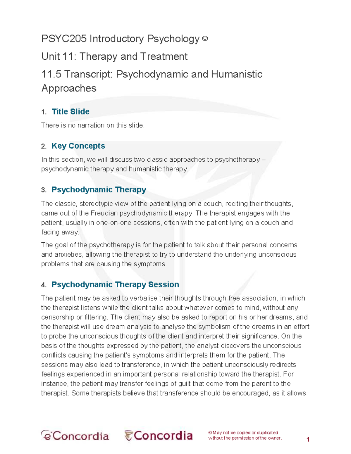 PSYC205 Unit 11.5 Transcript: Psychodynamic & Humanistic Therapy - Studocu