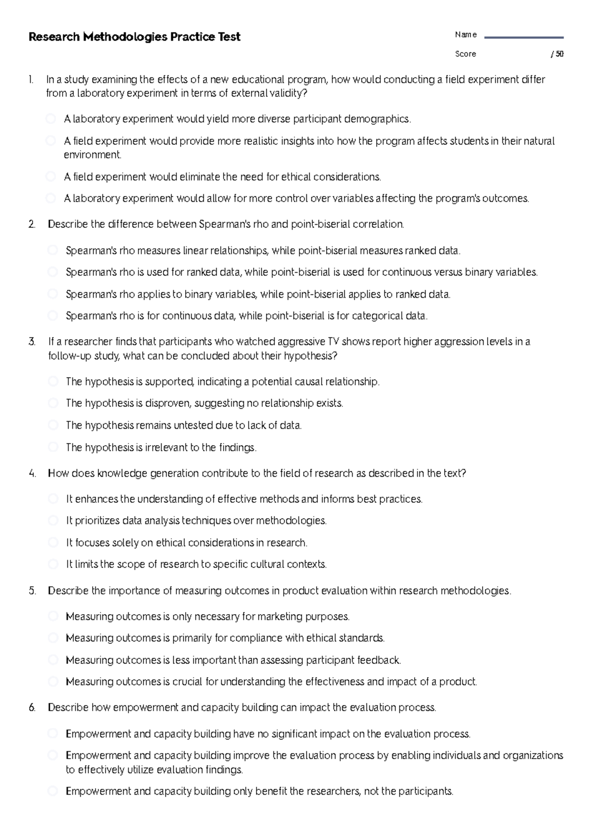 PSY3007S Quantitative Research Methodologies Practice Test - Studocu