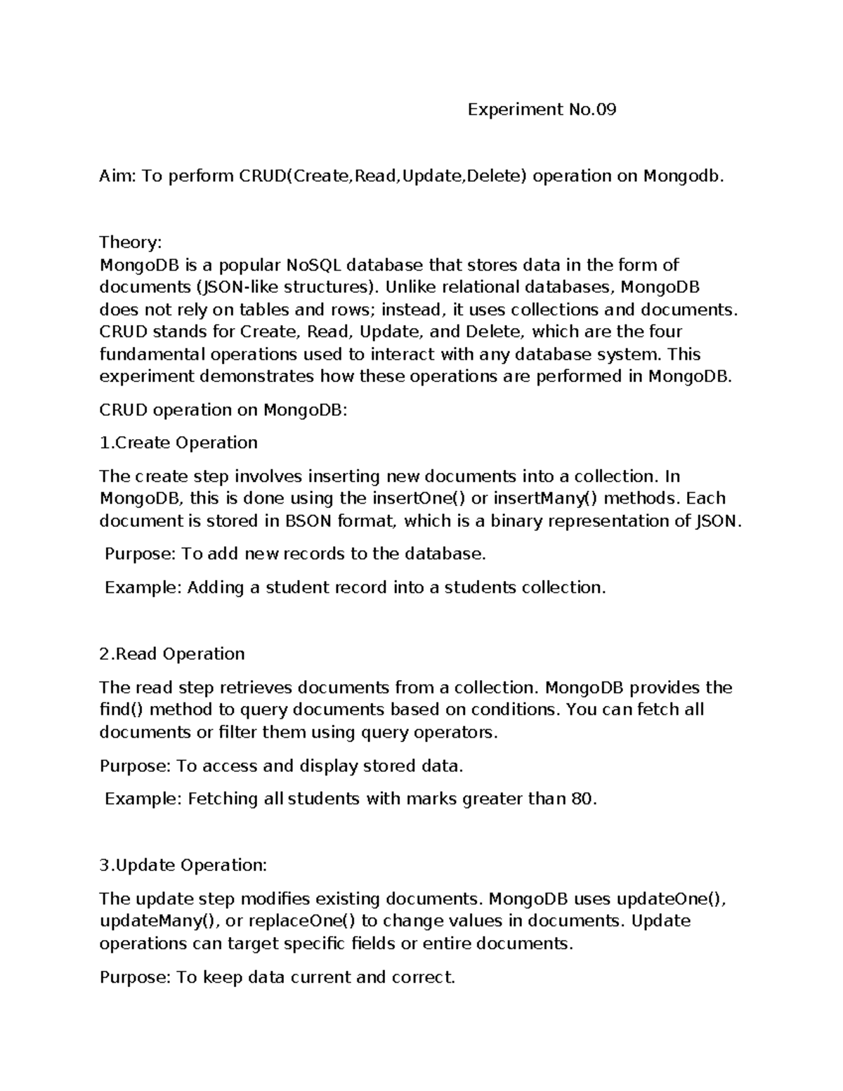 MongoDB CRUD Operations - Experiment No.09 Guide - Studocu