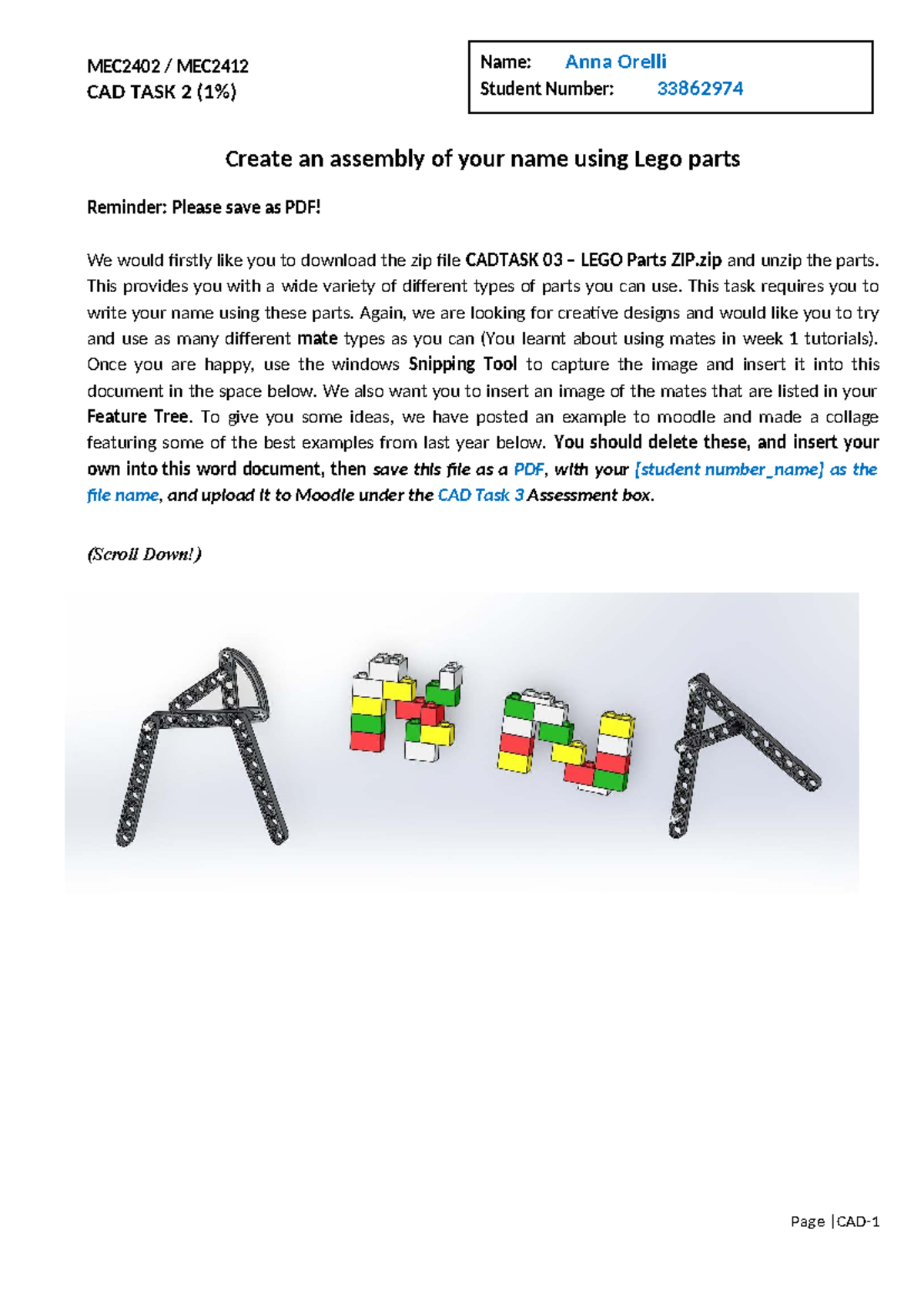 MEC2402 MEC2412 CAD Task 2: Lego Name Assembly Guide - Studocu