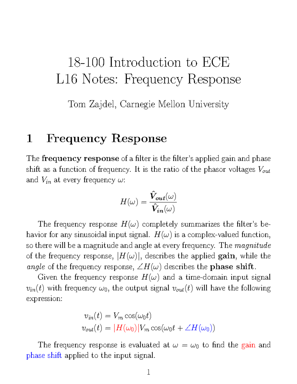 L16 Midterm Notes: Frequency Response in ECE 18-100 - Studocu