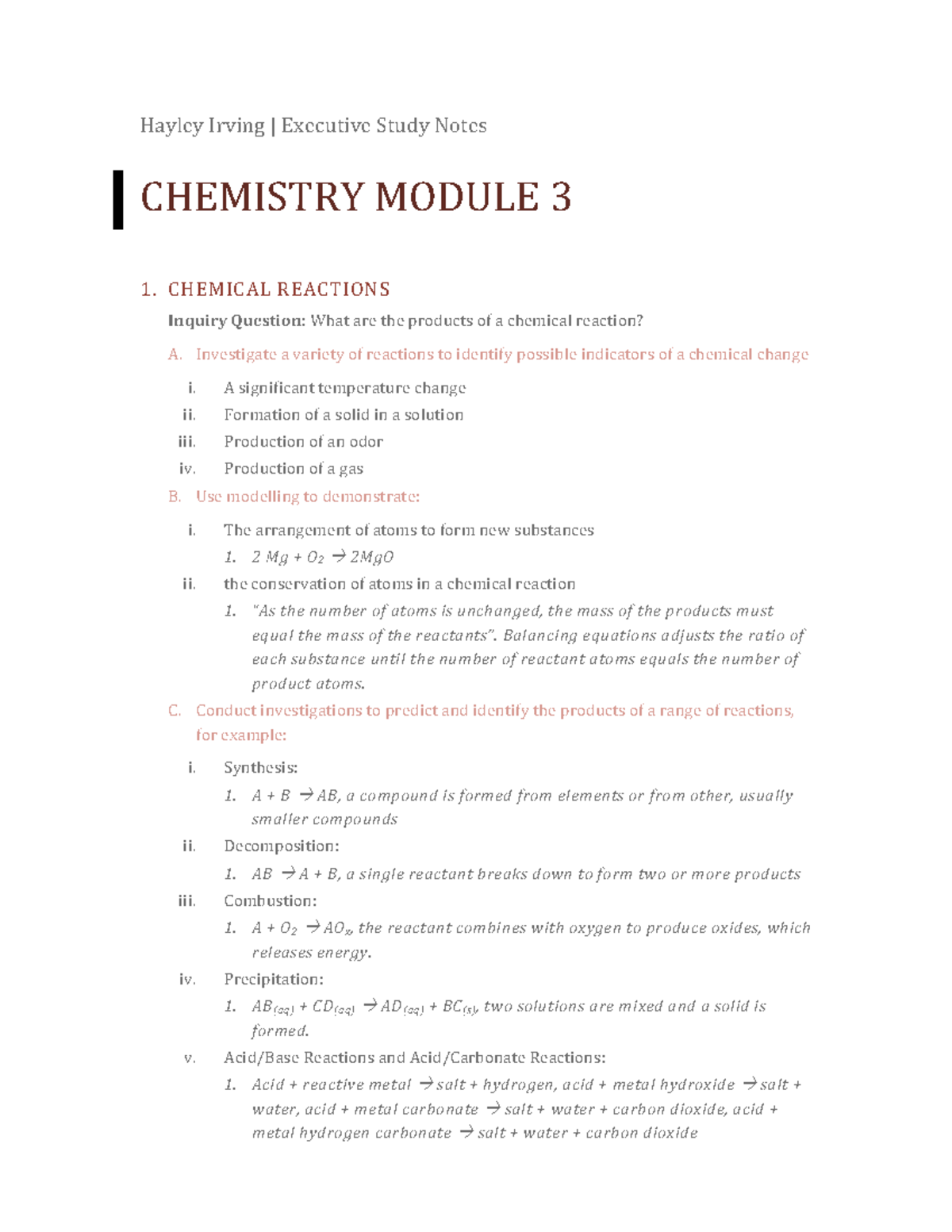 Chemistry Preliminary HSC Module 3 Study Notes on Chemical Reactions ...