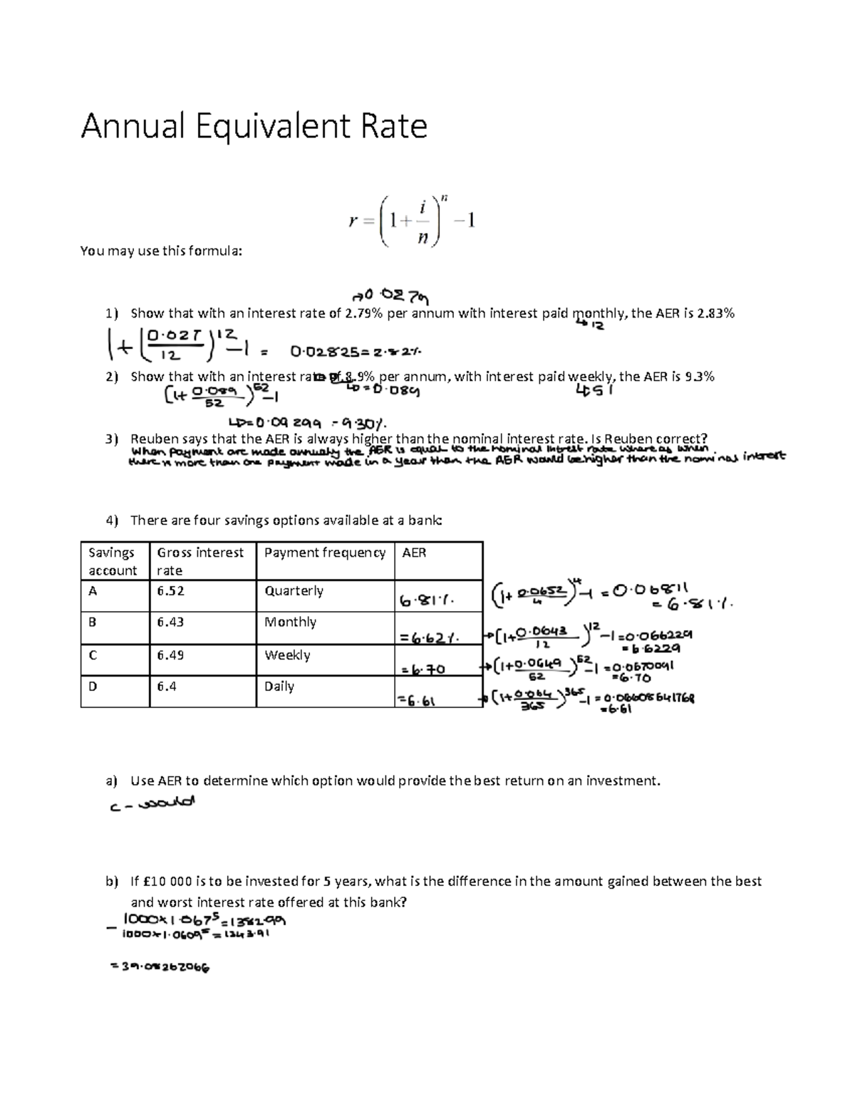 AER Calculations and Comparisons - Revision Resources - Studocu