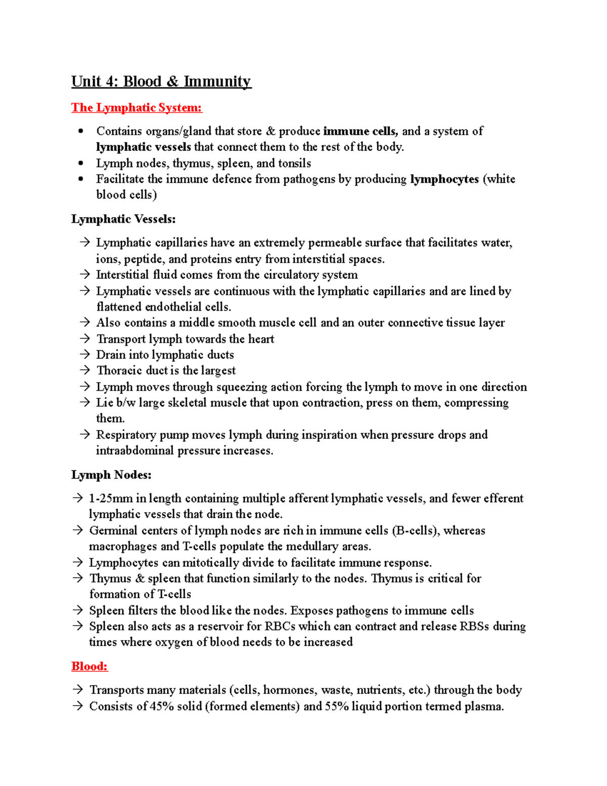 Unit 4 - notes - Unit 4: Blood & Immunity The Lymphatic System ...