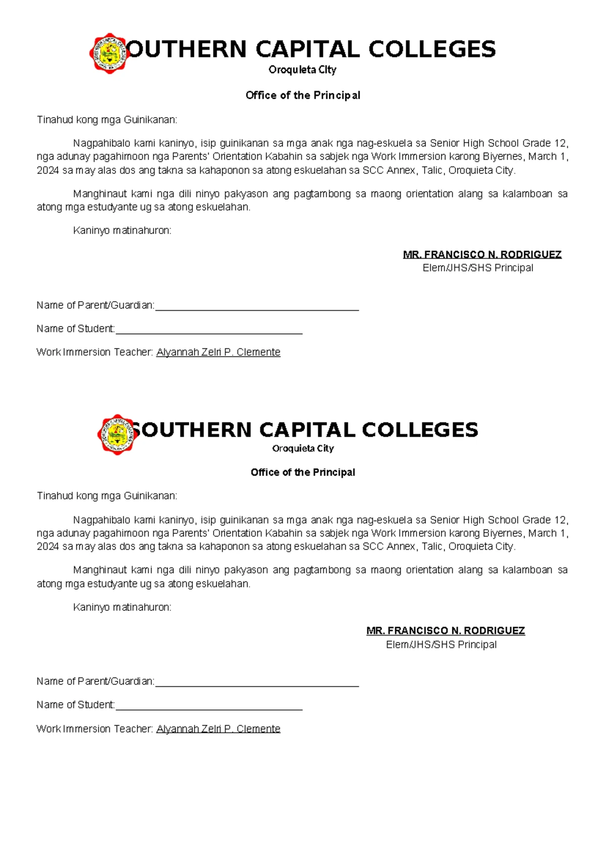 SHS Immersion Parent/Guardian Consent Form - April 2024 - Studocu