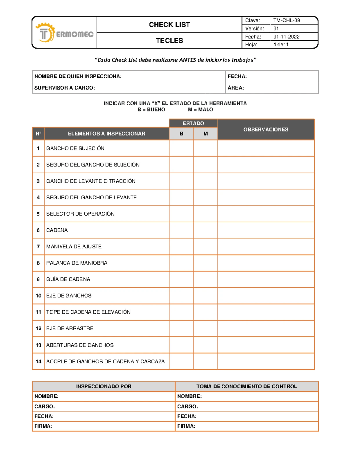 TM-CHL-03 Minicargador Inspection Checklist - Version 01 - Studocu