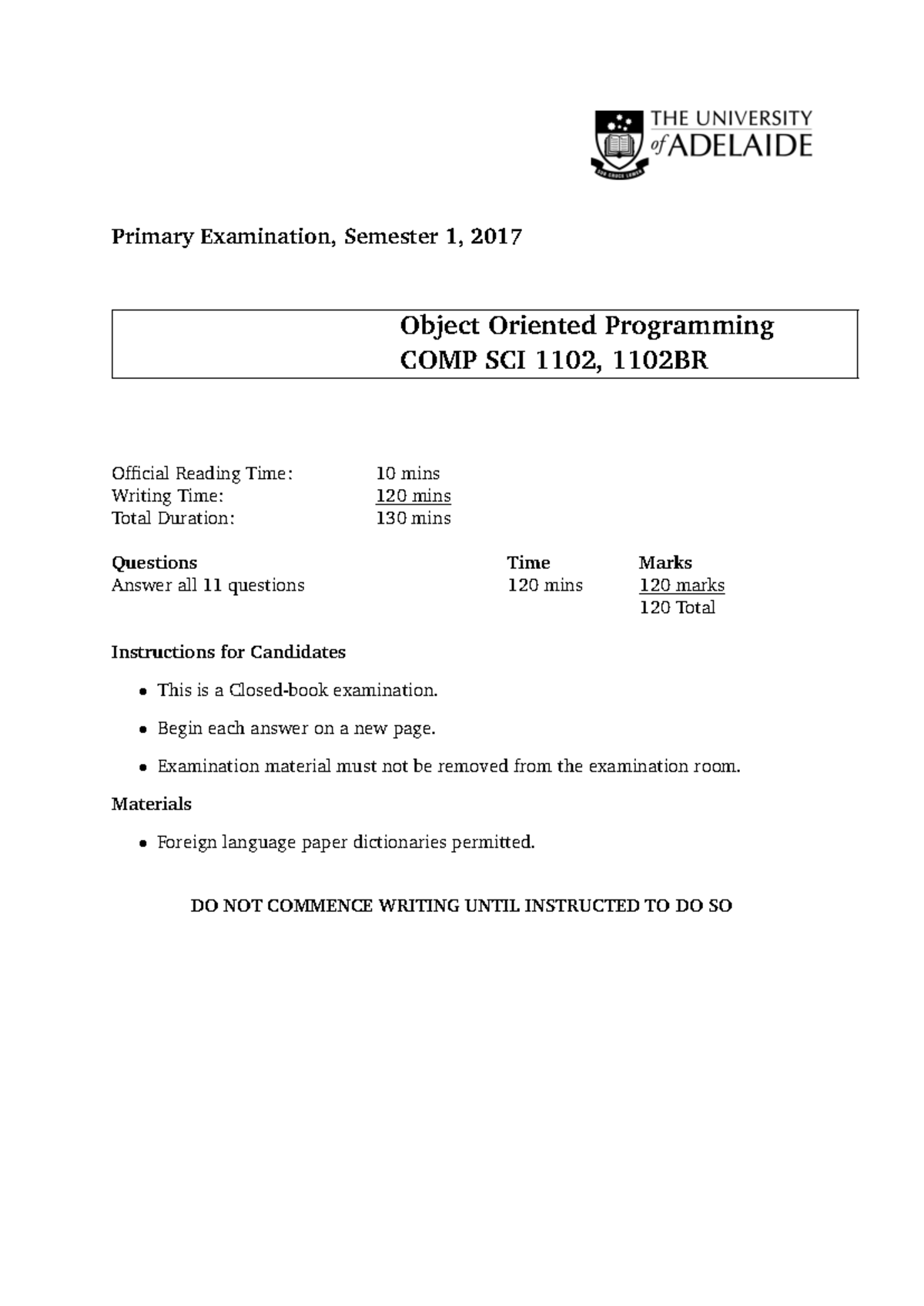 COMP SCI 1102 Final Exam: OOP Practice Exam (Semester 1, 2017) - Studocu