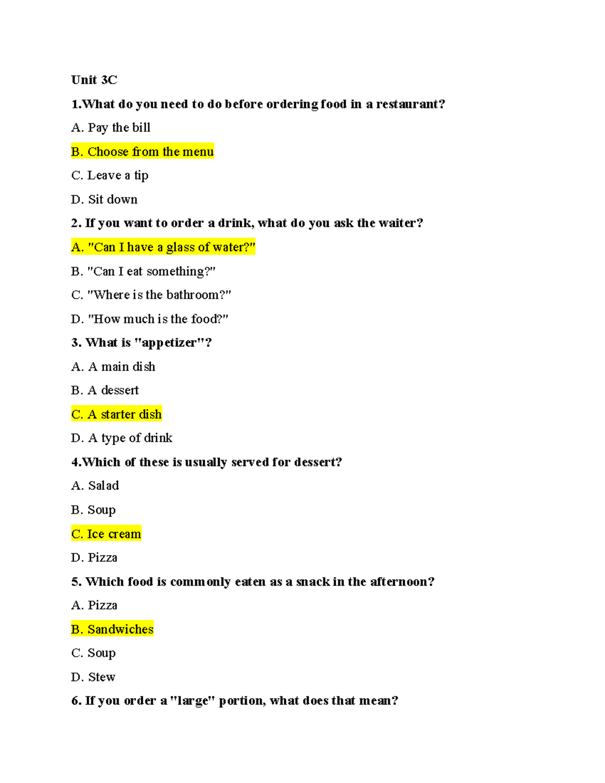 Unit 3C - Restaurant Ordering and Food Vocabulary Quiz - Studocu