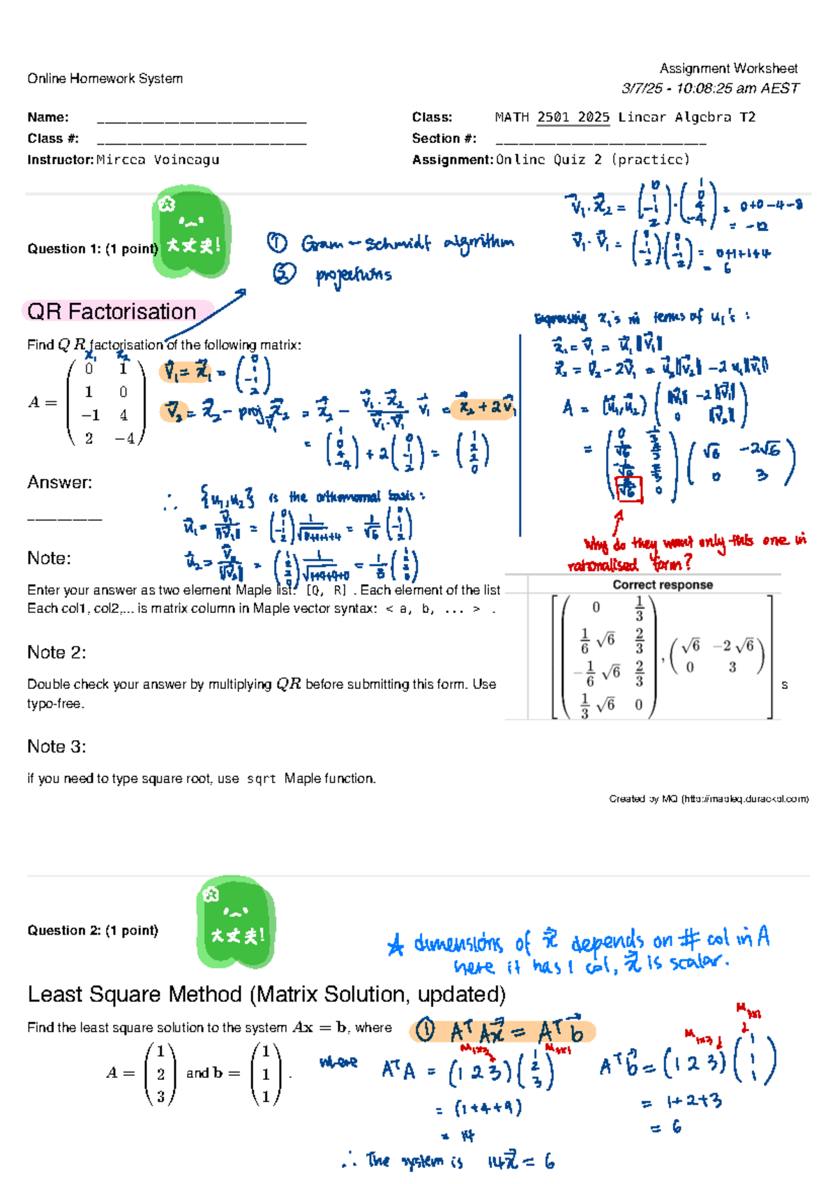 MATH 2501 T2 Online Quiz 2 Practice: Linear Algebra Concepts - Studocu