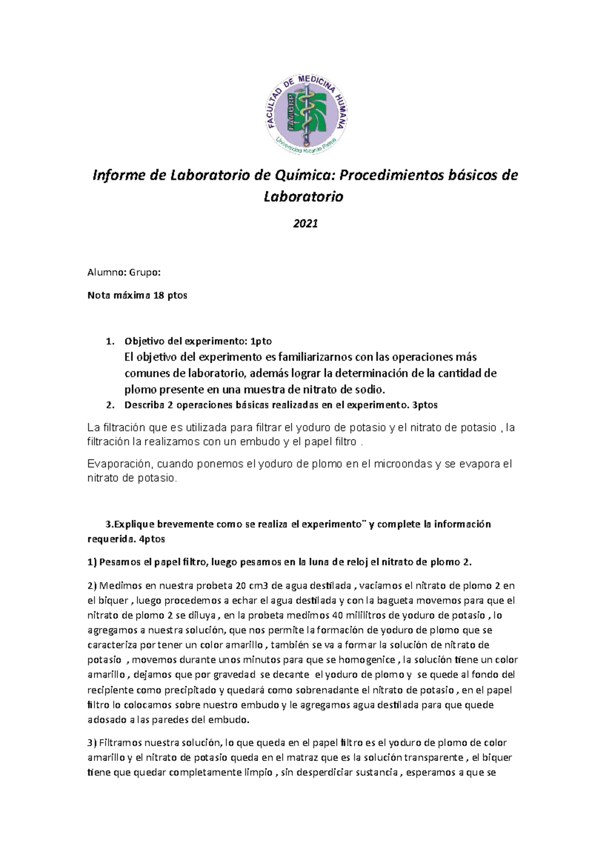 Informe de Laboratorio: Operaciones Básicas en Química INF1 - Studocu