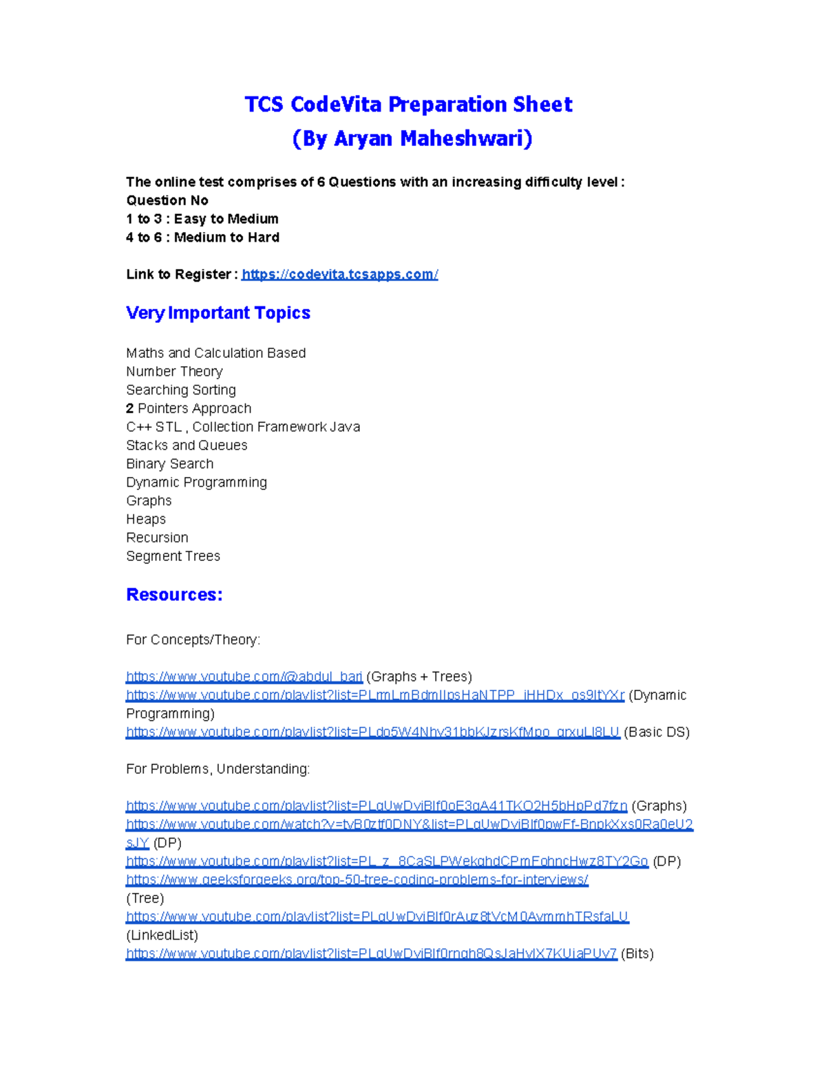 TCS CodeVita Prep: Essential Topics & Sample Questions - Studocu
