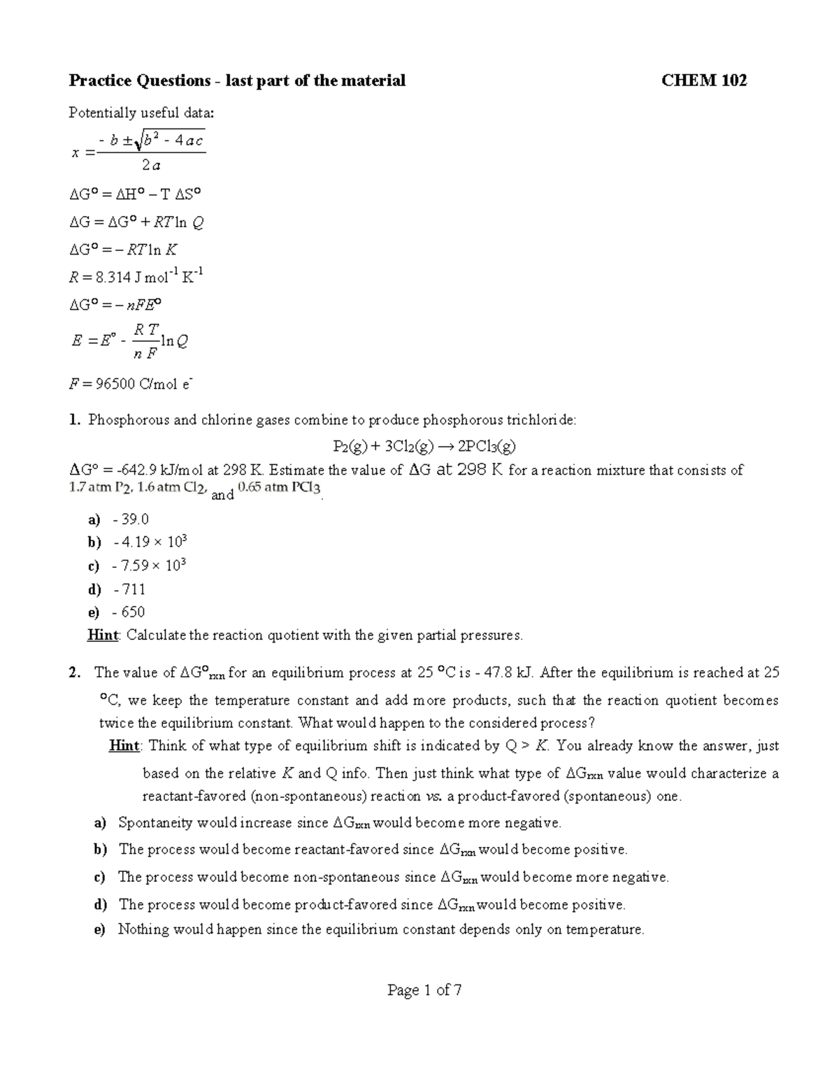 Practice Questions for CHEM 102: Thermodynamics and Equilibrium - Studocu