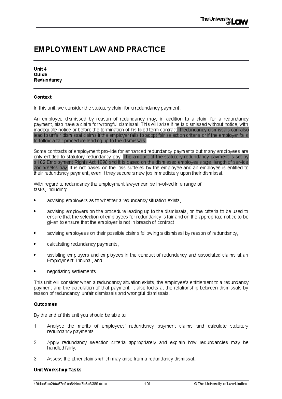 Unit 4 - Redundancy Claims & Legal Analysis - LPC Workshop 1 - Studocu