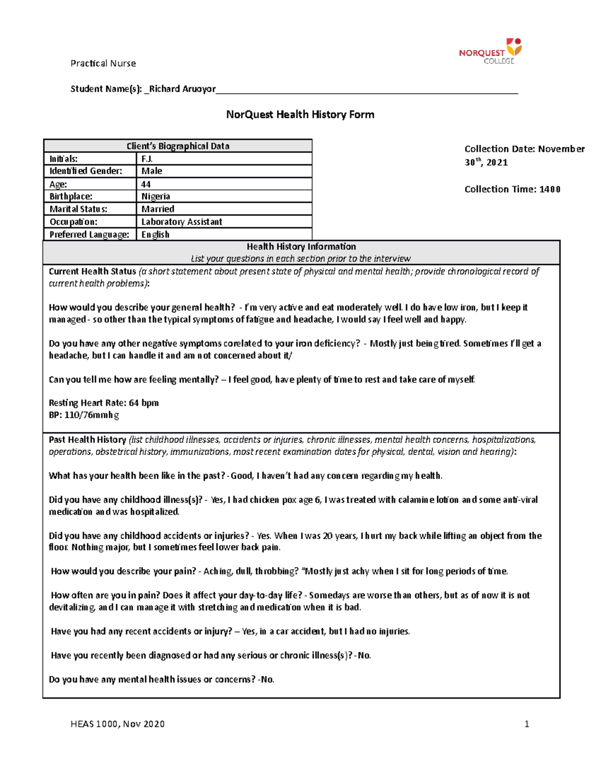 Health History Assignment ongoing - Student Name(s): Richard - Studocu