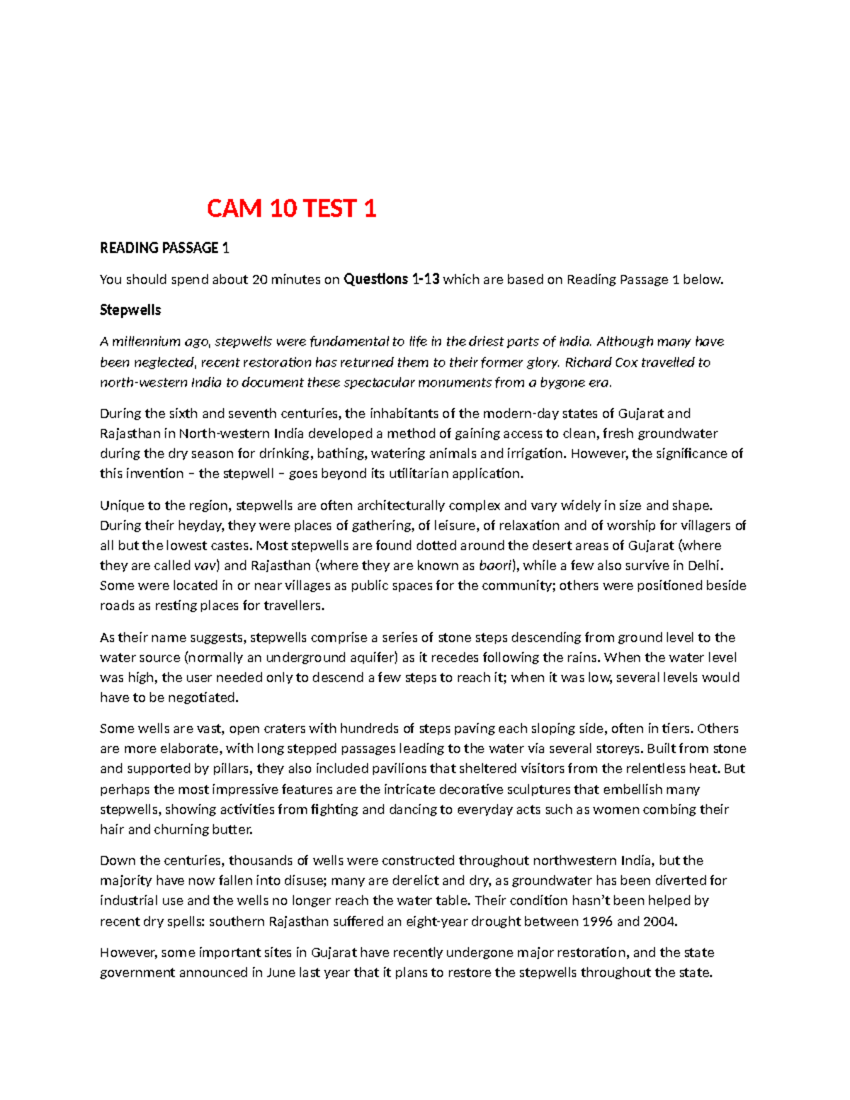 Reading Ielts Cambrdige - CAM 10 TEST 1 READING PASSAGE 1 You should ...