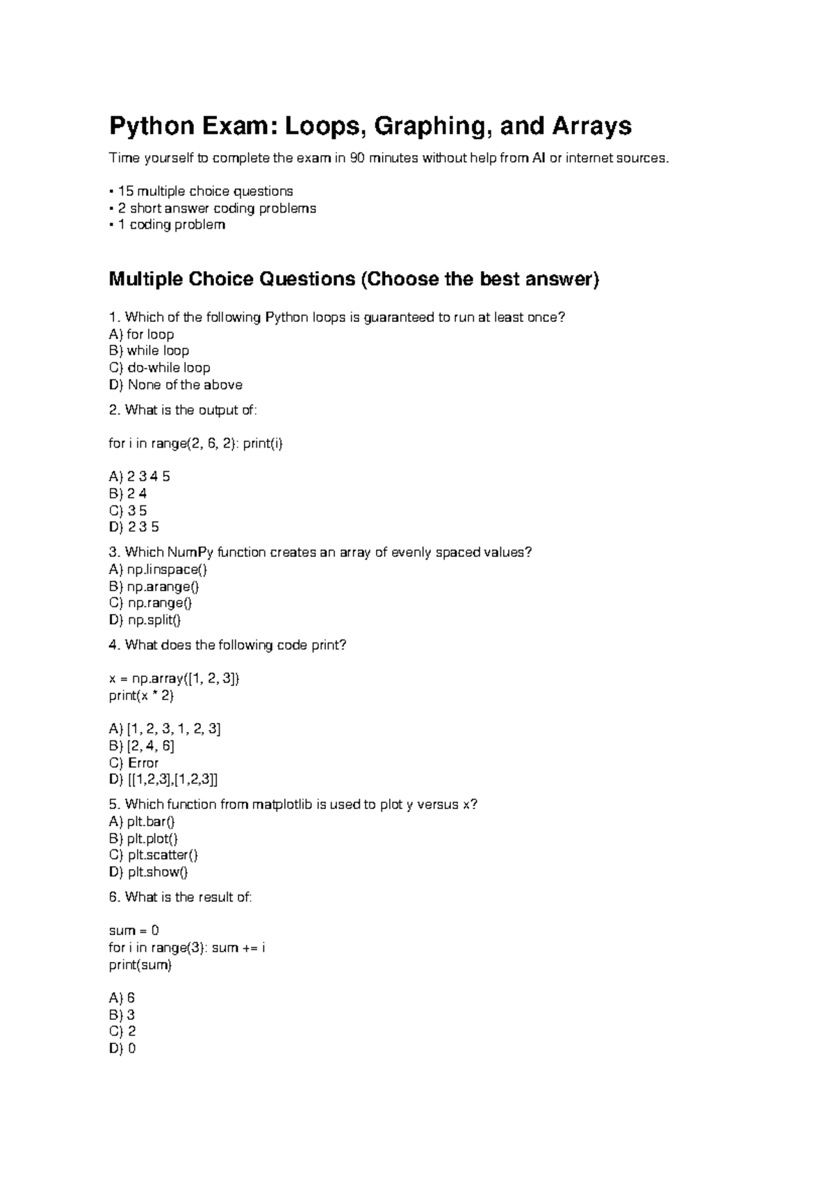Python Exam: Loops, Graphing, and Arrays (90 Min) - Studocu