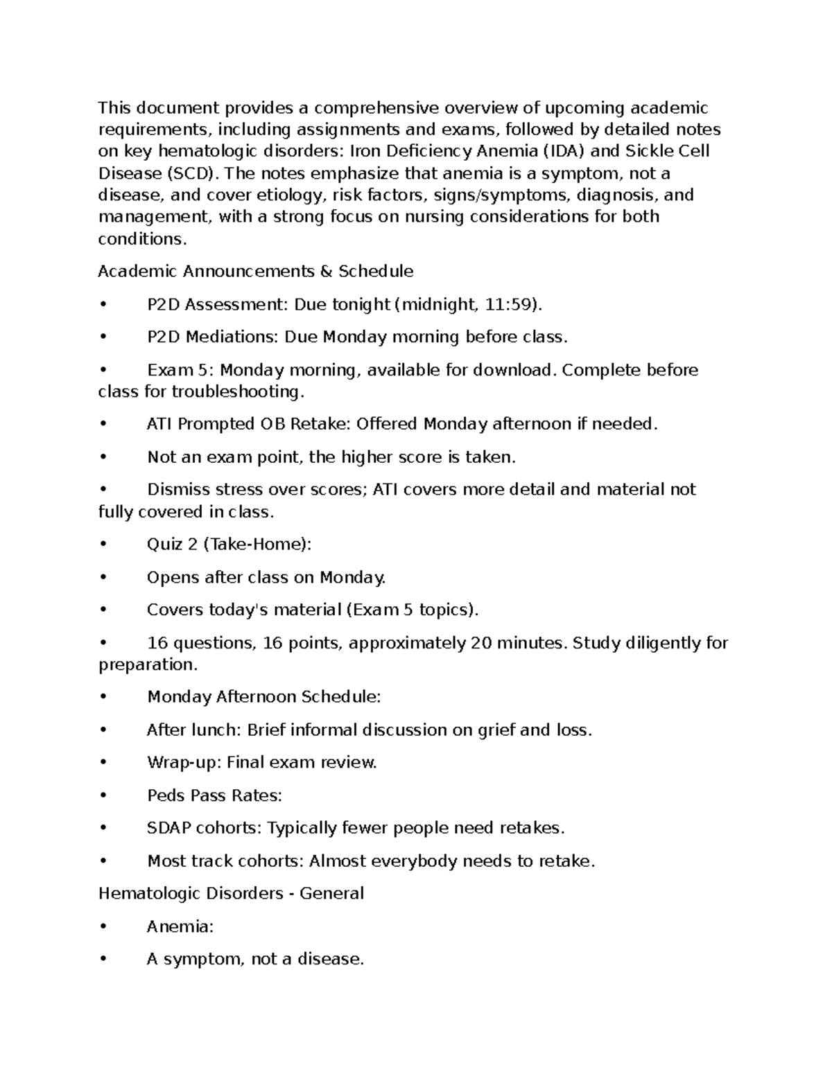 Anemia and Sickle Cell Disease Overview - Peds Final Exam Notes - Studocu