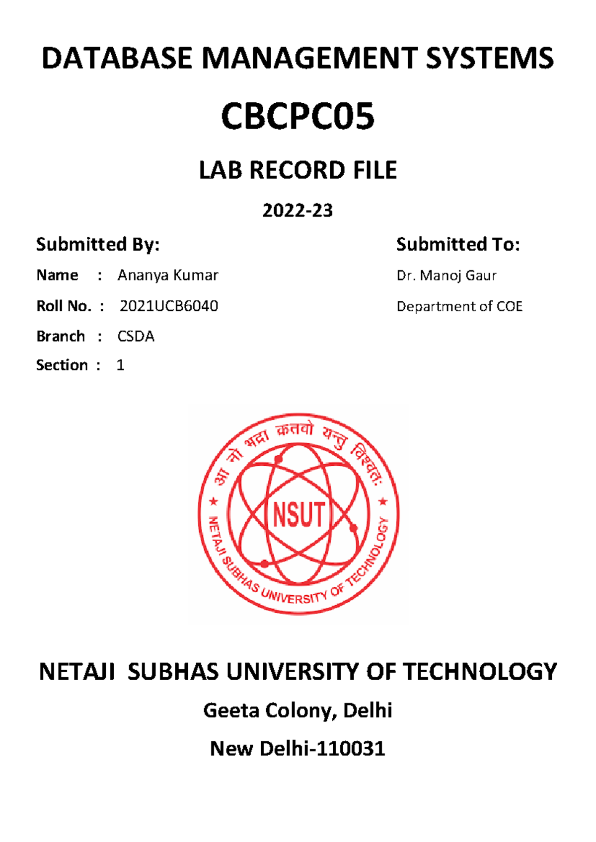 Lab Record - Database Management Systems (6040DBMS) Experiments ...