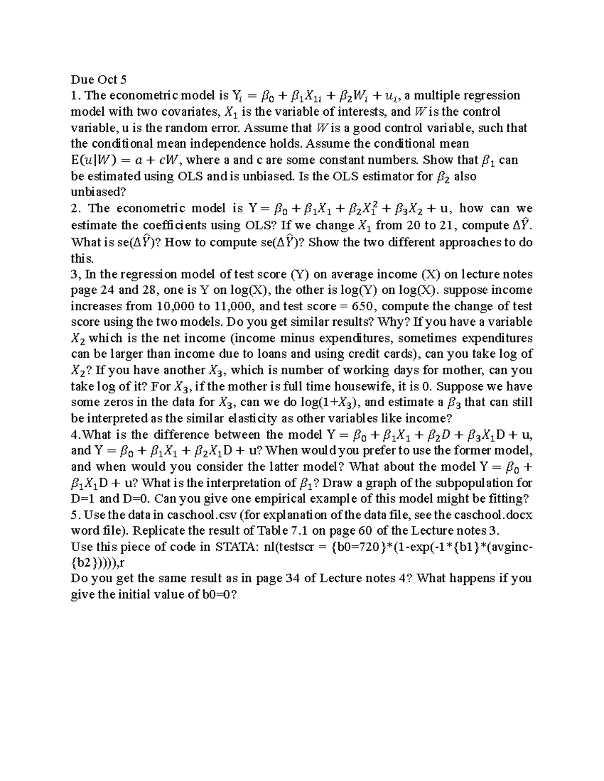 Econometrics HW4: OLS Estimation & Regression Analysis Insights - Studocu