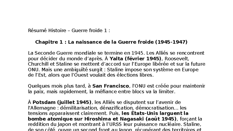 Résumé Histoire Guerre froide 1 : Chapitre 1 à 5 - Studocu